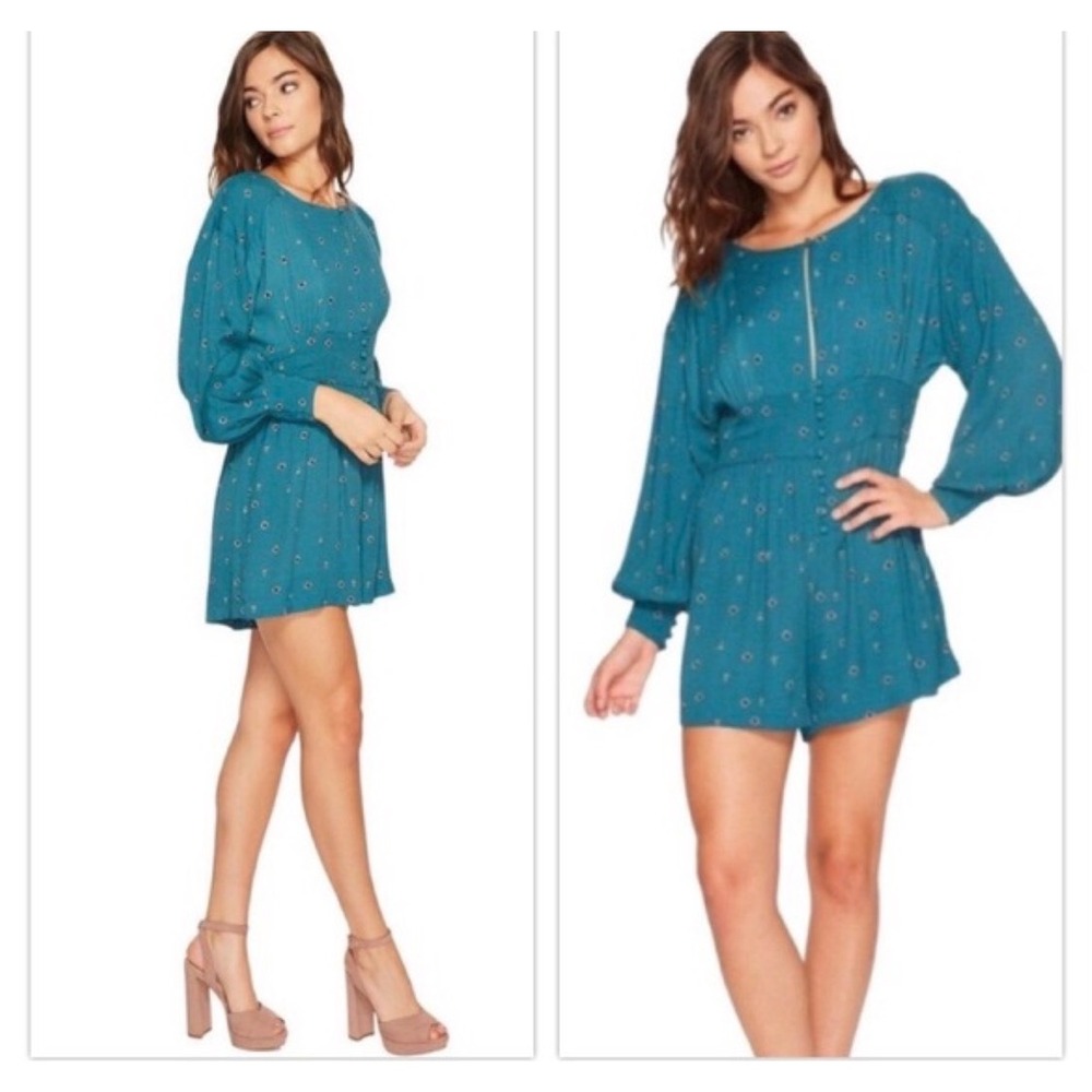 Free People Love Grows Romper Teal Green Floral Long Sleeve Button Front Size M